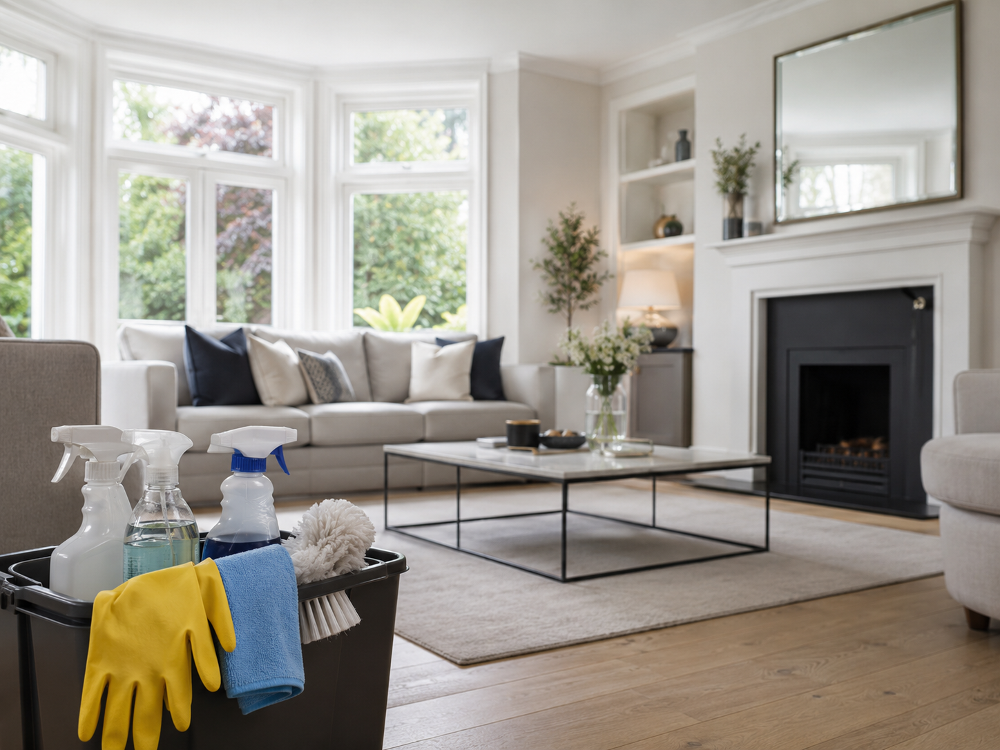 Clean home with cleaning supplies